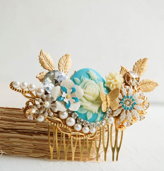 Bridal hair comb in gold & Blue - vintage style hair accessory via redtruckdesigns