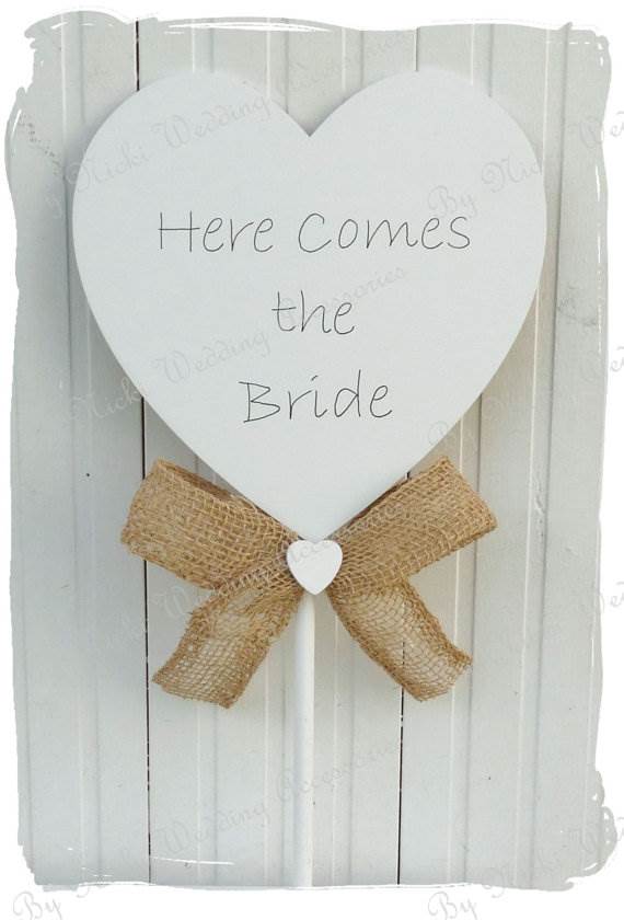 Rustic Wooden Heart 'Here Comes the Bride' Wand Sign via Bynicki