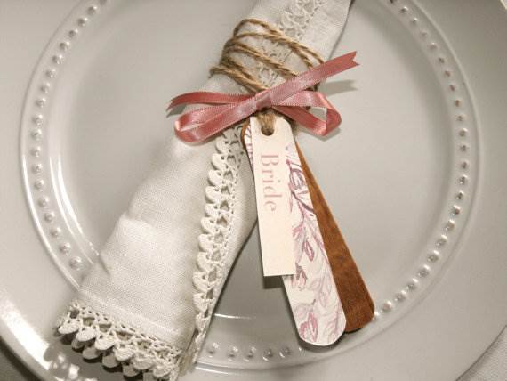 Etsy English Country Garden wooden label name place cards via the National Vintage Wedding Fair blog