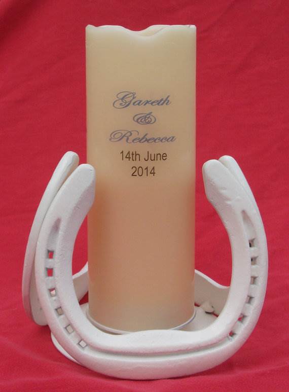 Etsy handmade upcycled horseshoe candle holder & personalised candle via National Vintage Wedding Fair blog