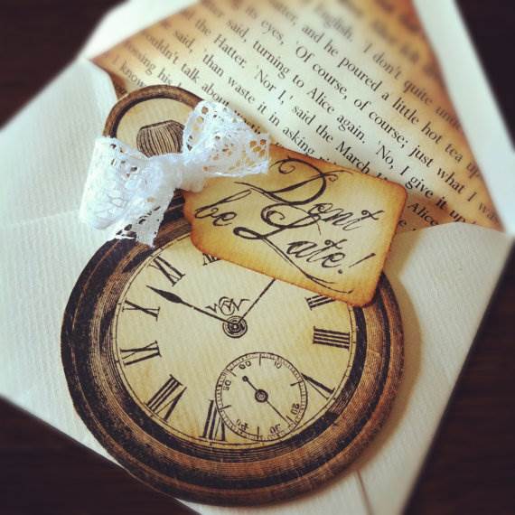 Etsy save the date cards - Alice in Wonderland watch card via National Vintage Wedding Fair blog