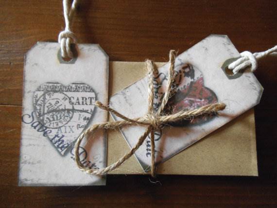 Etsy save the date cards - heart tag cards via National Vintage Wedding Fair blog
