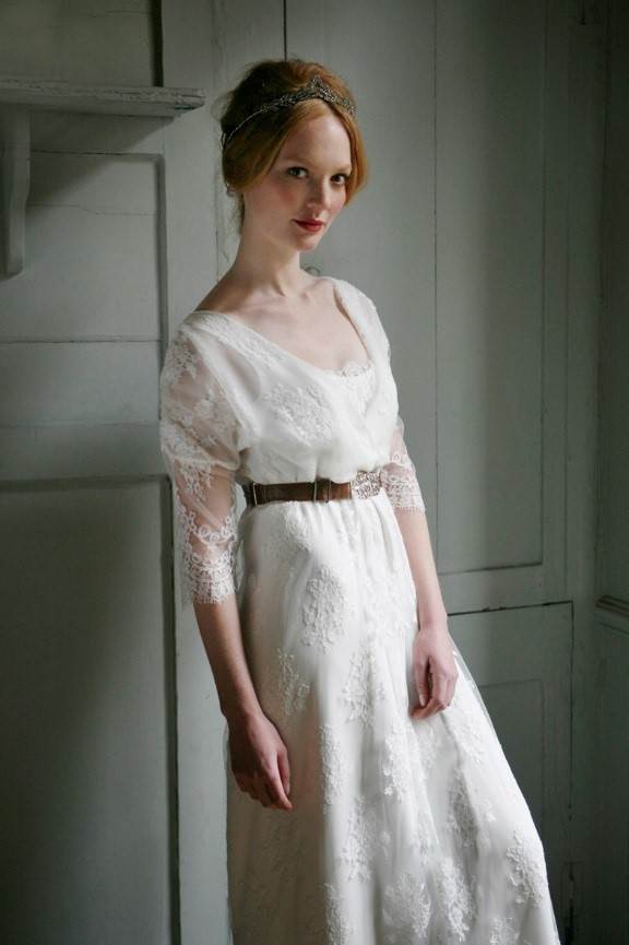 Sally Lacock Vintage Inspired Wedding Dress and Cherished Edwardian hair accessory via the National Vintage Wedding Fair