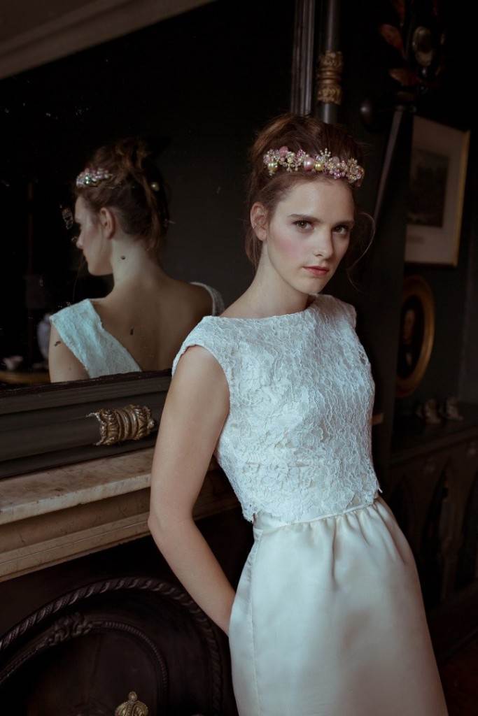 Candy Pink and Butter Yellow jewelled cluster headband, Cherished. Dress, “Stella”, Heavenly Vintage Brides. Photography credit: Robert Lawler.