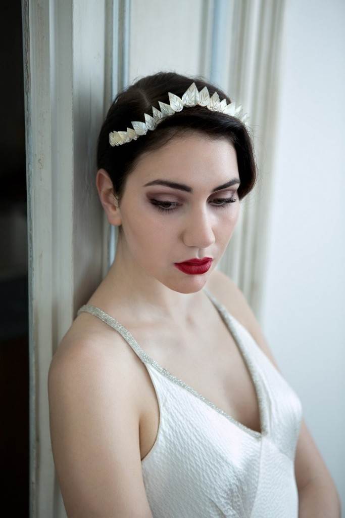 Carved Mother of Pearl tiara, Cherished vintage collection, Cherished. Dress, “Starlight”, Heavenly Vintage Brides. Photographic credit: Robert Lawler.