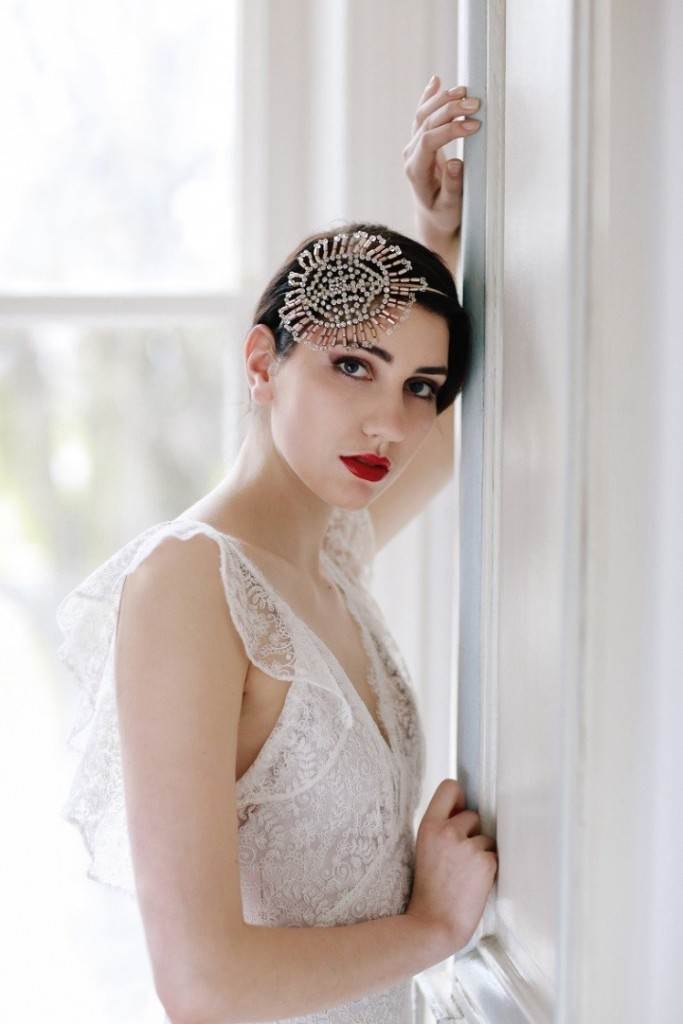 Pink Beaded Lace headpiece, Sunray Vintage collection, Cherished. Dress, “Butterfly”, Heavenly Vintage Brides. Photographic credit: Robert Lawler.