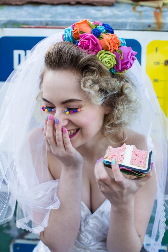 1980s vintage bride wearing Rock N Roll Bride for Crown and Glory flower crown as featured on The National Vintage Wedding Blog photo by Sally Forder for Binky Nixon