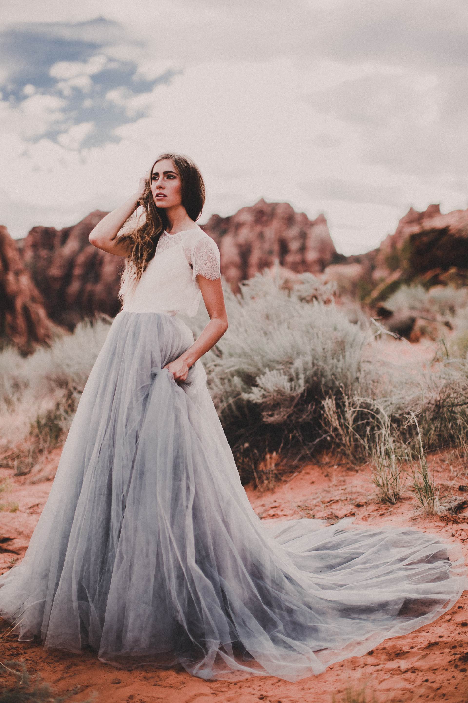 Mae by Chantel Lauren, blue wedding dress sold through Rock The Frock bridal boutique