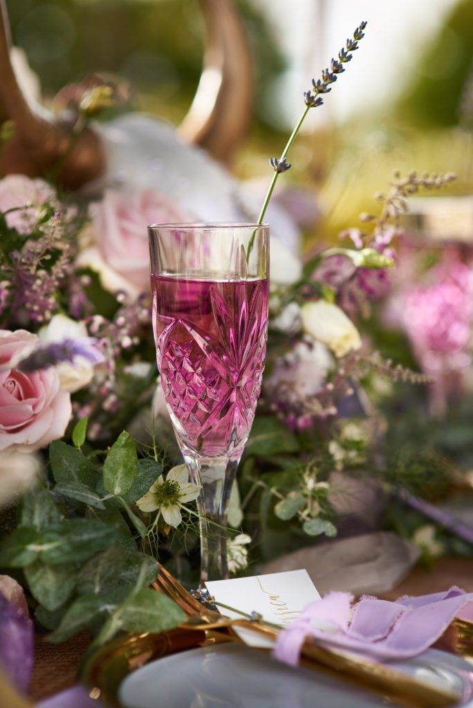 Luxe lilac metallic wedding styling in a lavender field