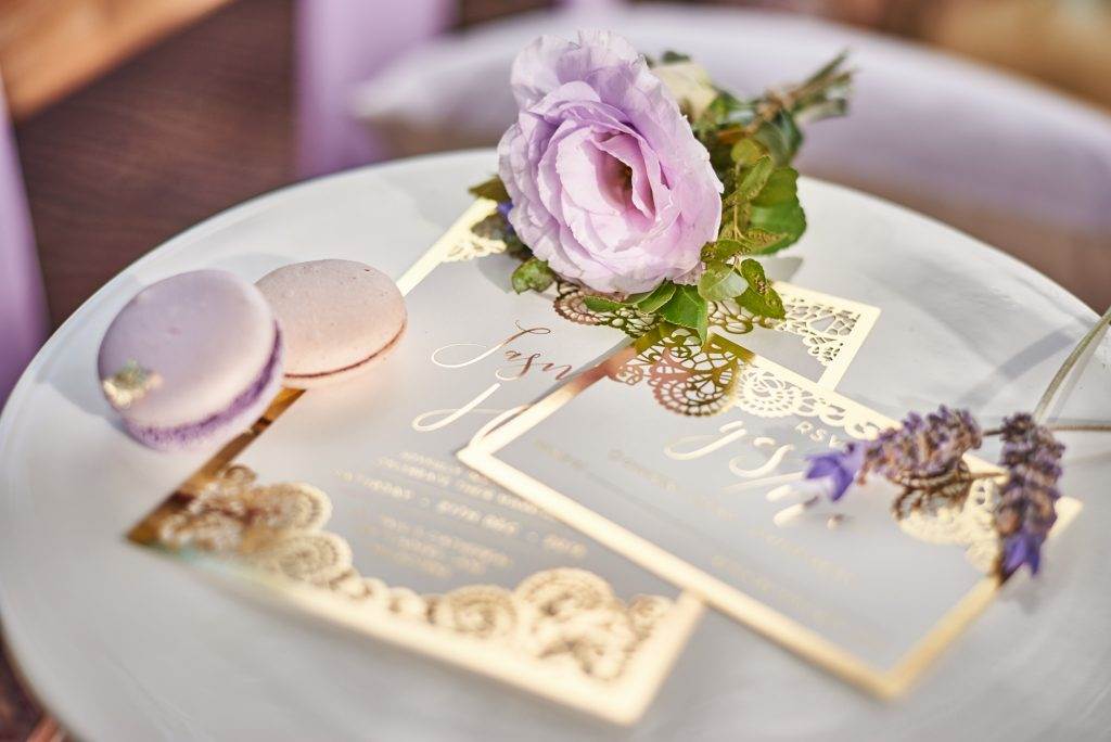 Luxe lilac metallic wedding styling in a lavender field