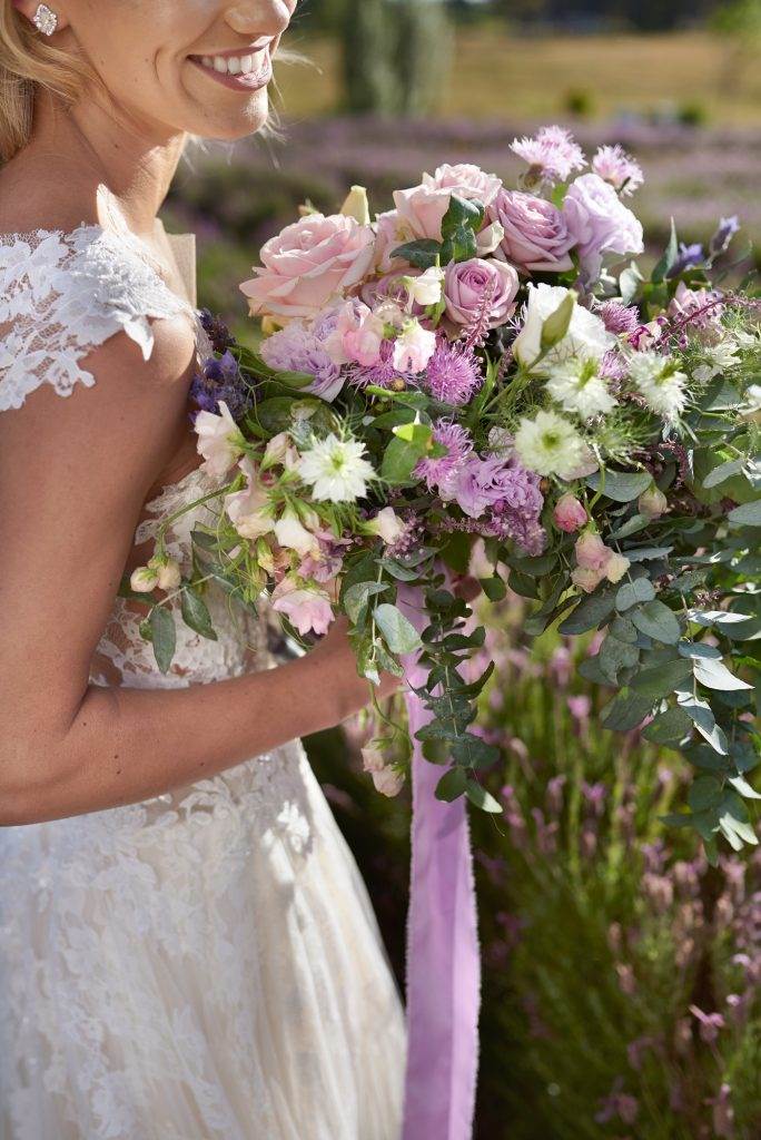 Luxe lilac metallic wedding styling in a lavender field