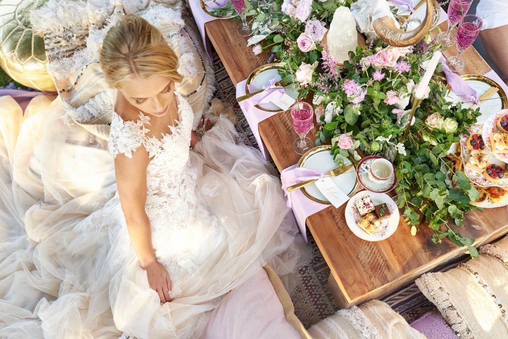 Luxe lilac metallic wedding styling in a lavender field