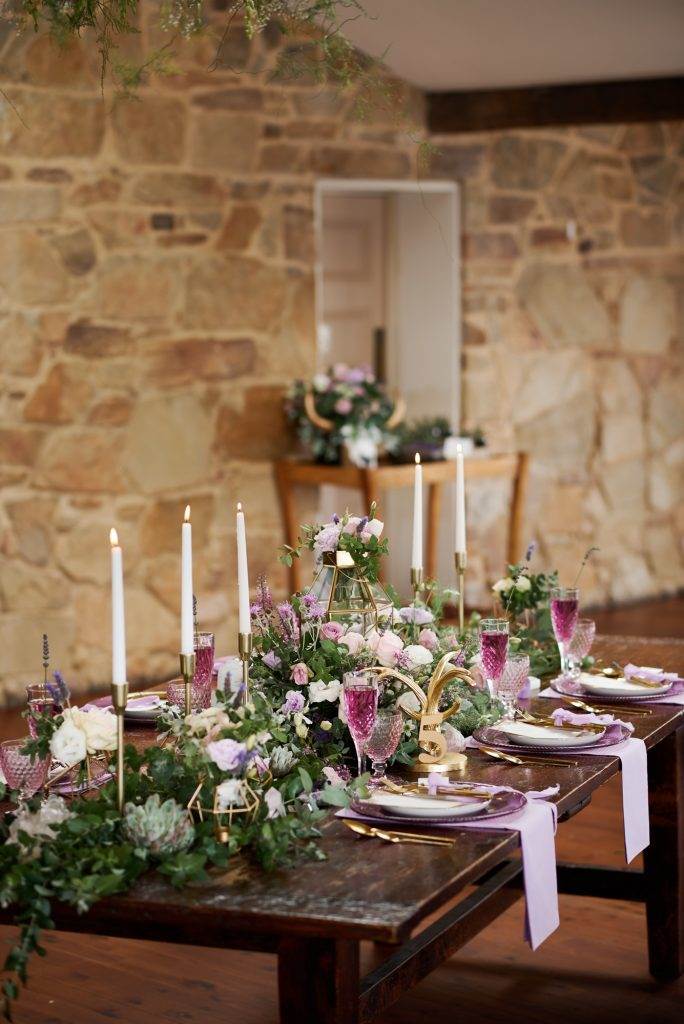 Luxe lilac metallic wedding styling in a lavender field