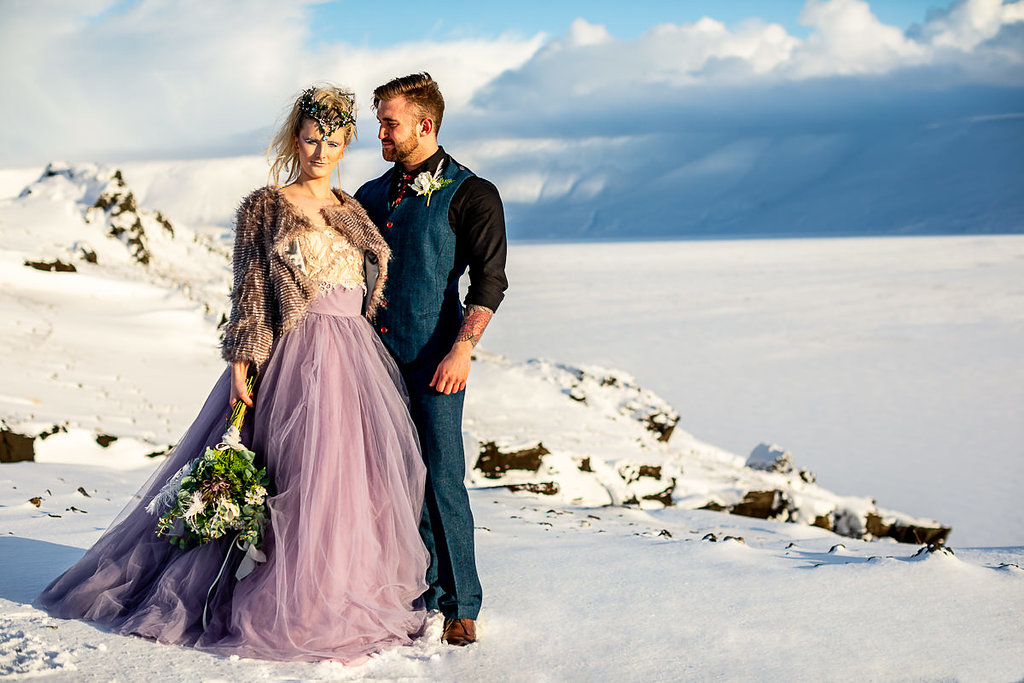 Winter Wedding Wonderland in Iceland with Coloured Bridal Gowns and Regal Headresses