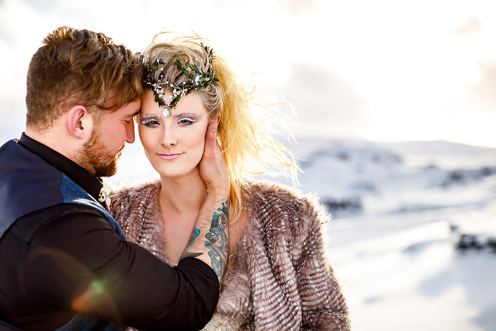 Winter Wedding Wonderland in Iceland with Coloured Bridal Gowns and Regal Headresses