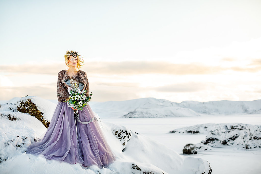 Winter Wedding Wonderland in Iceland with Coloured Bridal Gowns and Regal Headresses