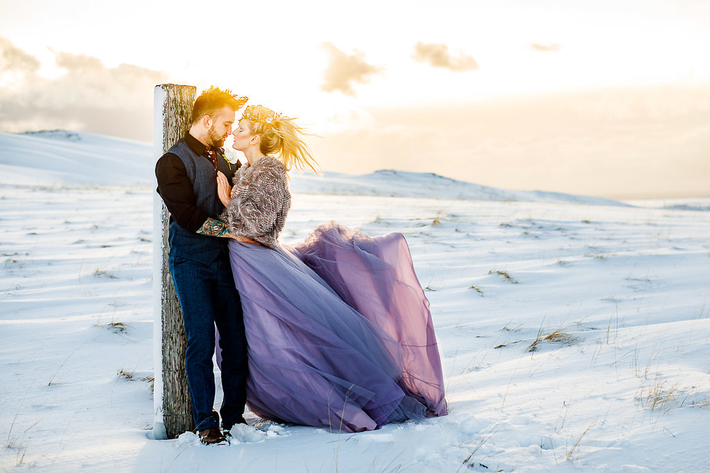 Winter Wedding Wonderland in Iceland with Coloured Bridal Gowns and Regal Headresses