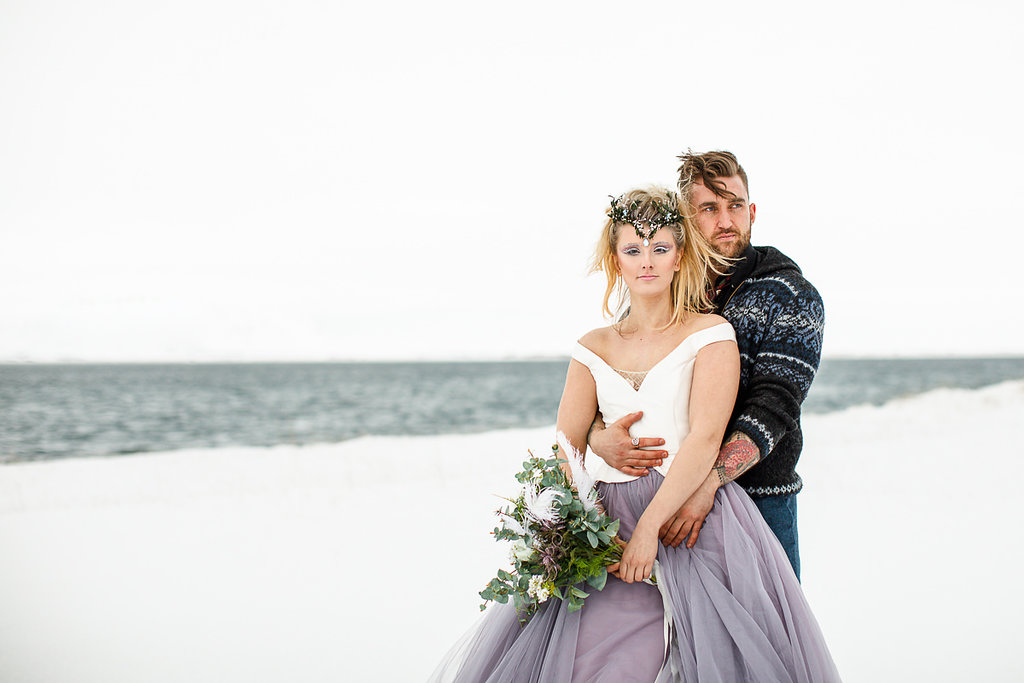 Winter Wedding Wonderland in Iceland with Coloured Bridal Gowns and Regal Headresses