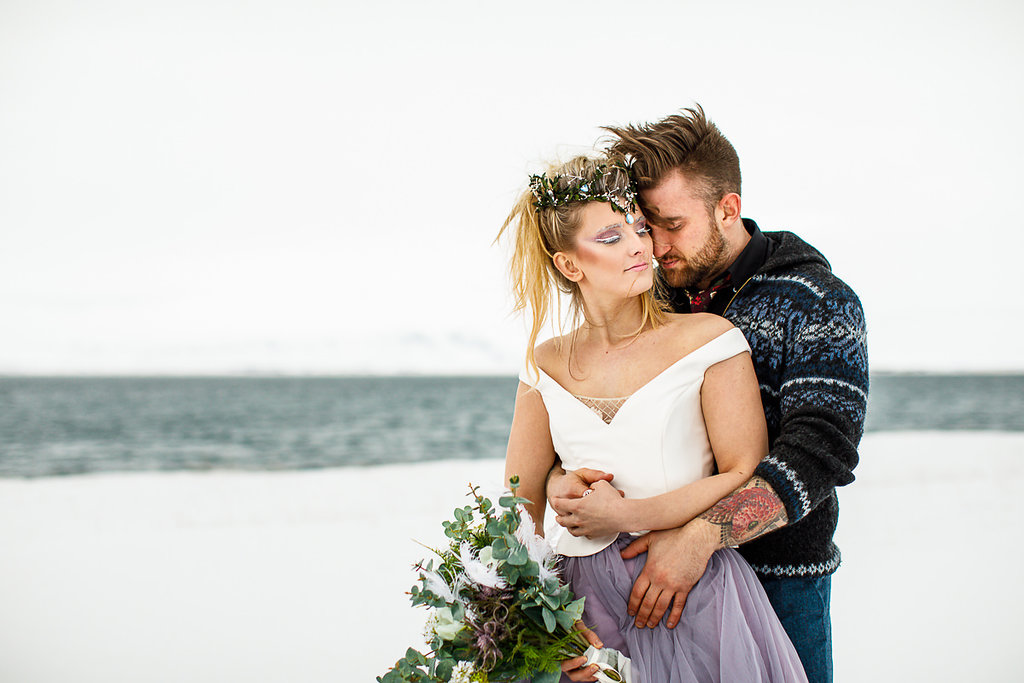 Winter Wedding Wonderland in Iceland with Coloured Bridal Gowns and Regal Headresses