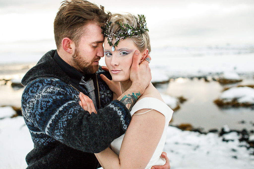 Elopement Winter Wedding in Iceland with Coloured Bridal Gowns and Regal Headresses