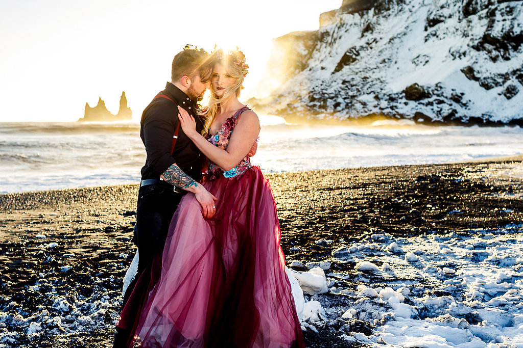 Winter Wedding Wonderland in Iceland with Coloured Bridal Gowns and Regal Headresses