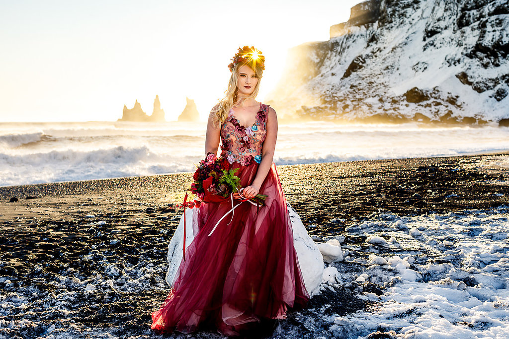 Winter Wedding Wonderland in Iceland with Coloured Bridal Gowns and Regal Headresses