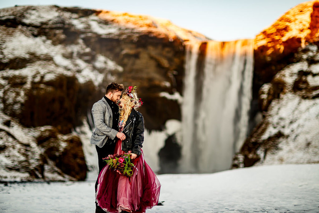 Winter Wedding Wonderland in Iceland with Coloured Bridal Gowns and Regal Headresses