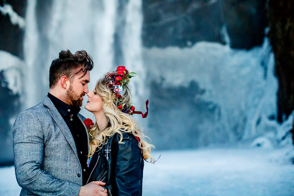 Winter Wedding Wonderland in Iceland with Coloured Bridal Gowns and Regal Headresses