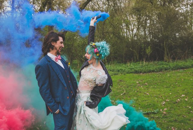 Rainbow Woodland Wedding with Hand Painted Leather Jacket and Doc Martin Bridal Shoes