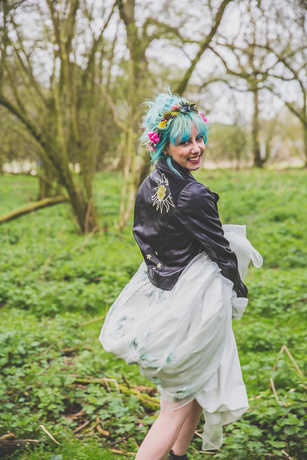 Rainbow Woodland Wedding with Hand Painted Leather Jacket and Doc Martin Bridal Shoes