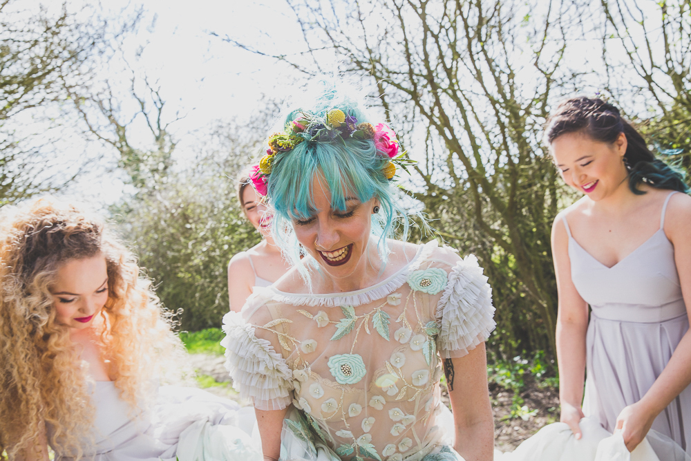 Rainbow Woodland Wedding with Hand Painted Leather Jacket and Doc Martin Bridal Shoes