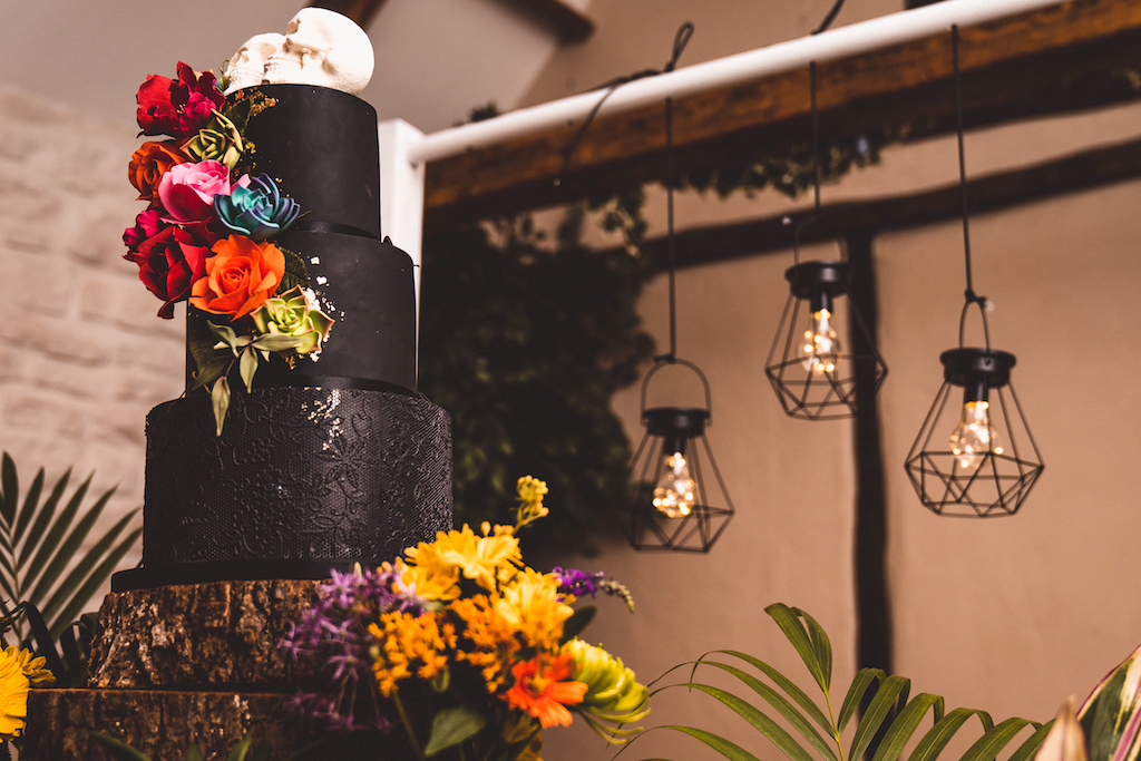 Alternative Gothic Wedding in Whitby with coloured wedding dress and black wedding cake