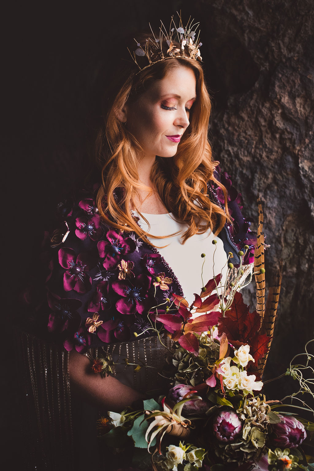 Alternative Winter Wedding Style with Jewelled Cape and Floral Veil