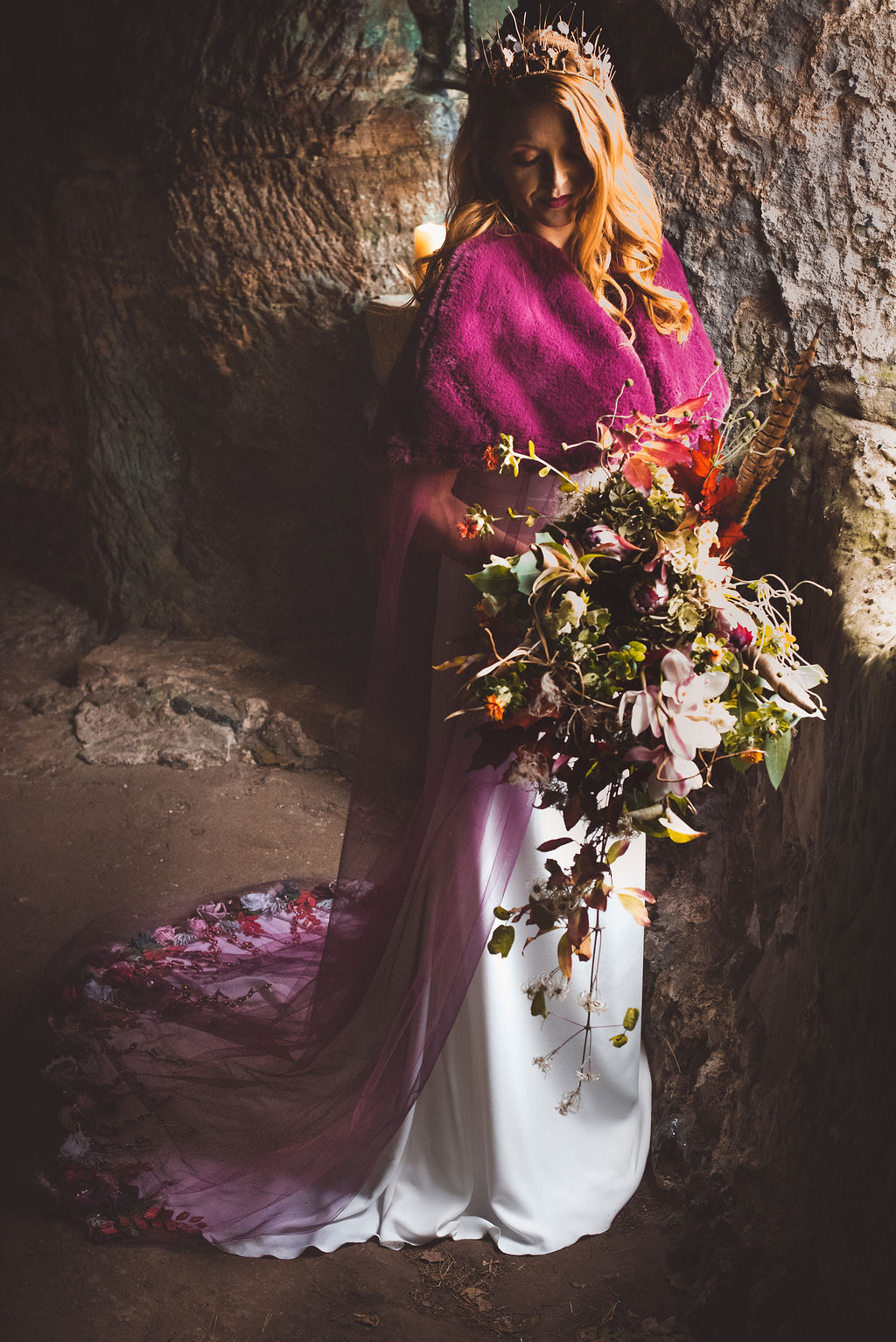 Alternative Winter Wedding Style with Jewelled Cape and Floral Veil