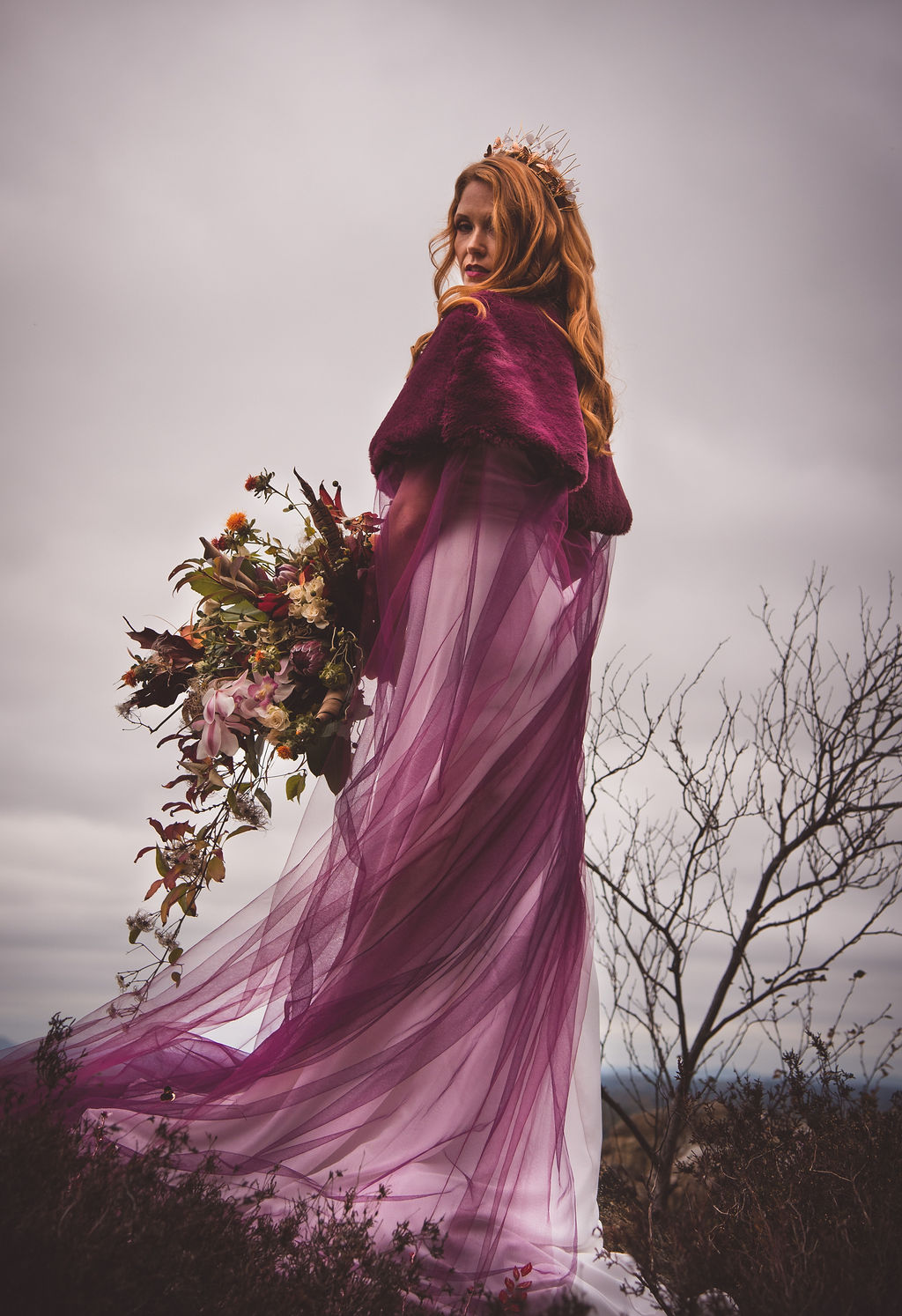 Alternative Winter Wedding Style with Jewelled Cape and Floral Veil