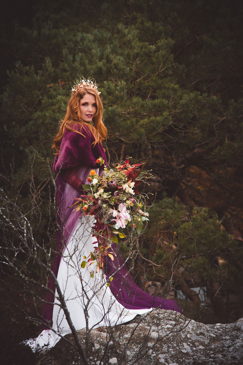 Alternative Winter Wedding Style with Jewelled Cape and Floral Veil