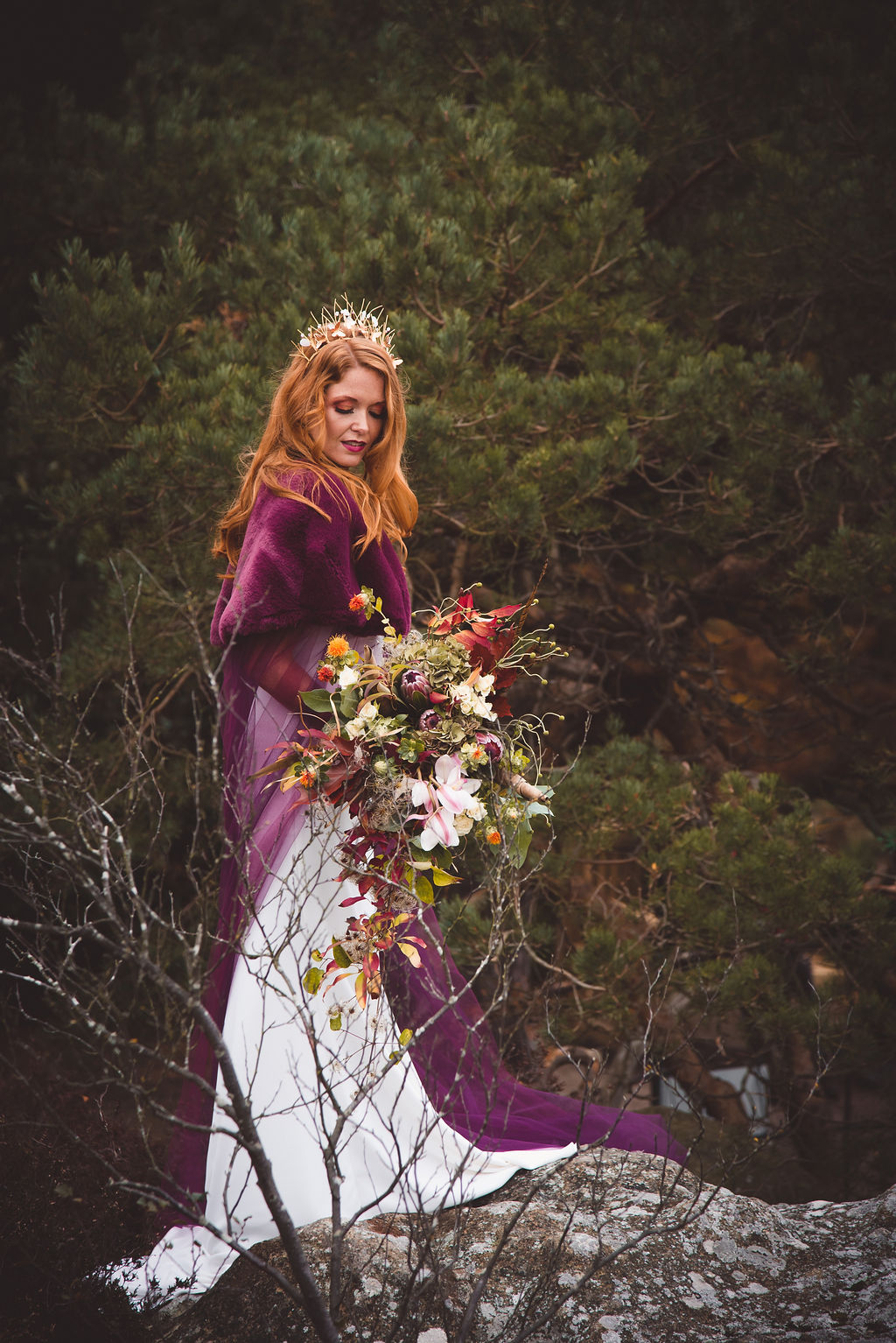 Alternative Winter Wedding Style with Jewelled Cape and Floral Veil