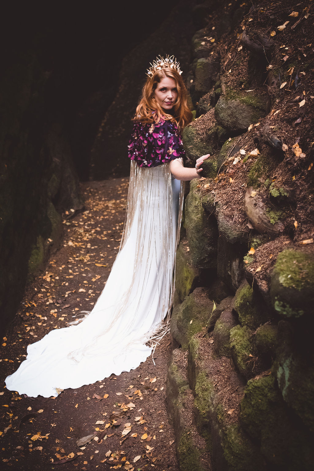 Alternative Winter Wedding Style with Jewelled Cape and Floral Veil