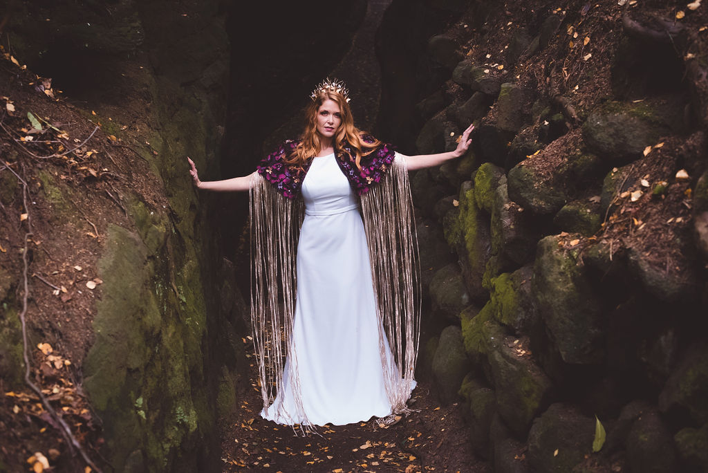 Alternative Winter Wedding Style with Jewelled Cape and Floral Veil