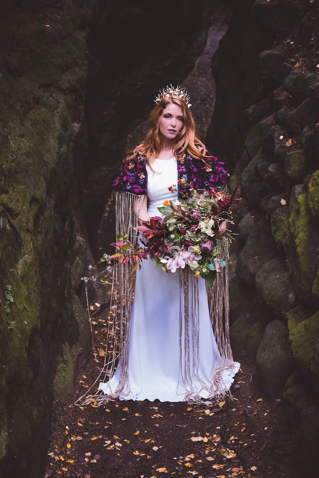 Alternative Winter Wedding Style with Jewelled Cape and Floral Veil