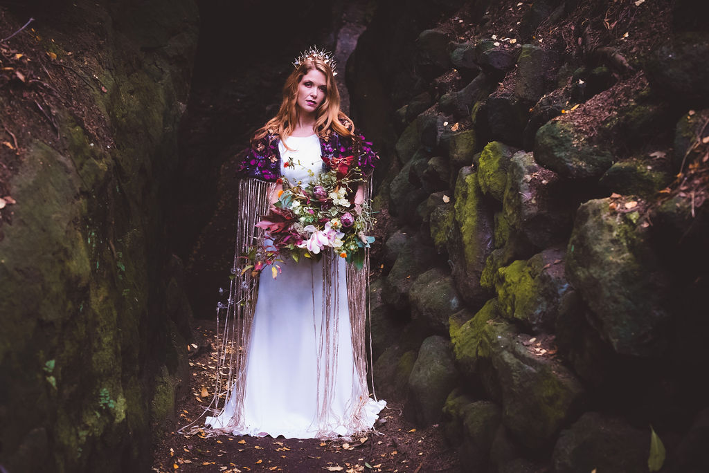 Alternative Winter Wedding Style with Jewelled Cape and Floral Veil