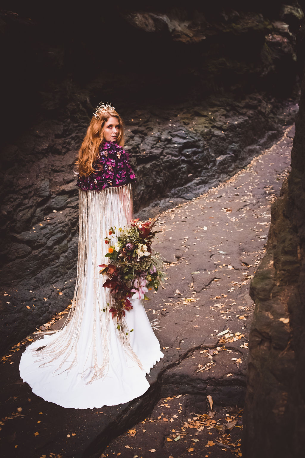 Alternative Winter Wedding Style with Jewelled Cape and Floral Veil