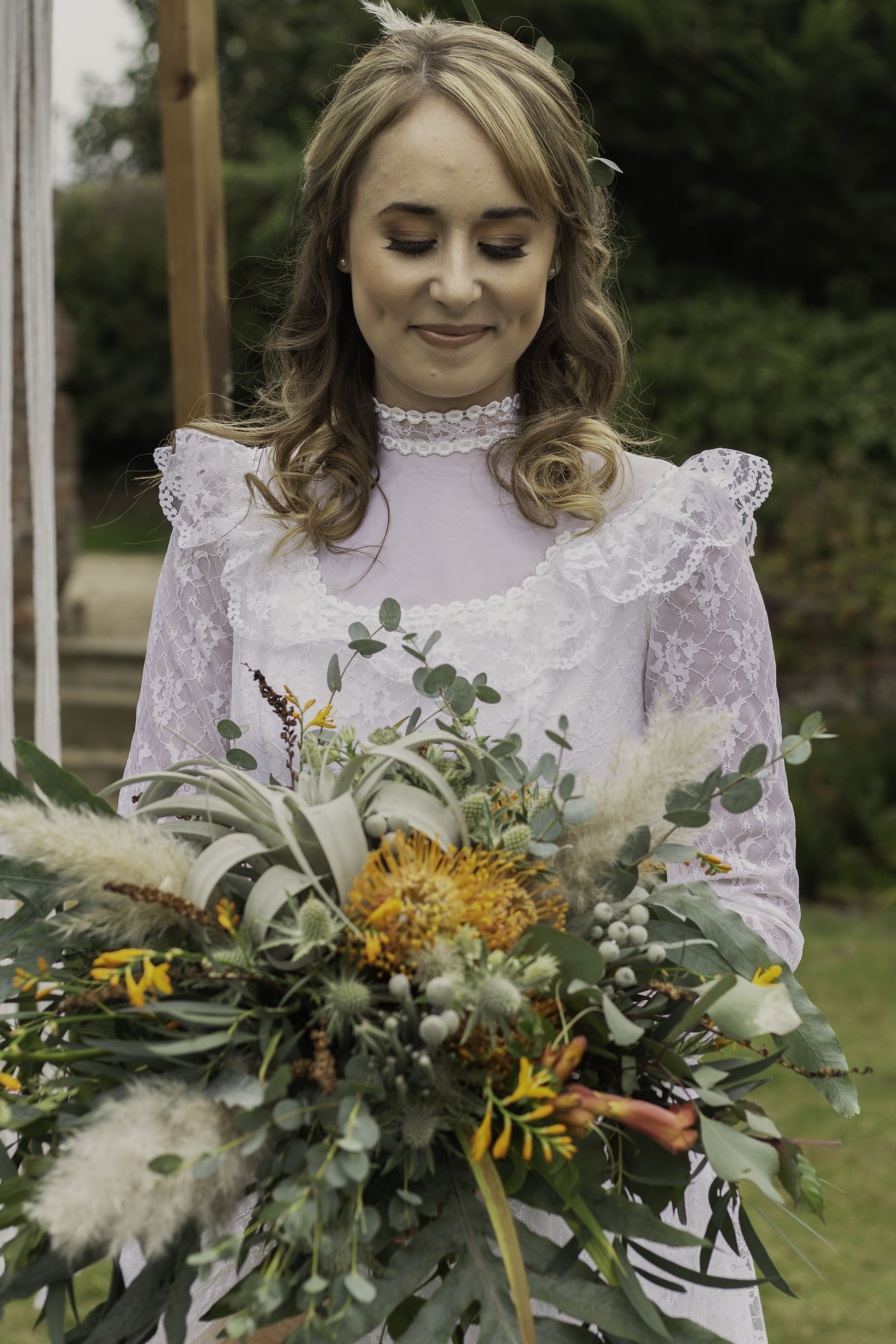 Rustic Vintage Wedding with 1980's Dress Wedding Dress and Orange Flowers