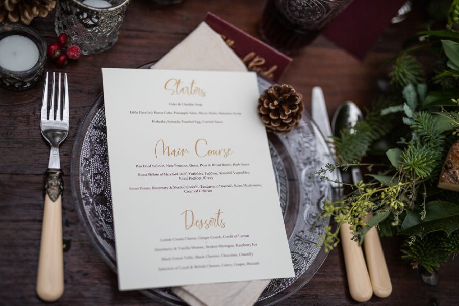 Winter Woodland Wedding Inspiration with Burgundy and Gold Touches