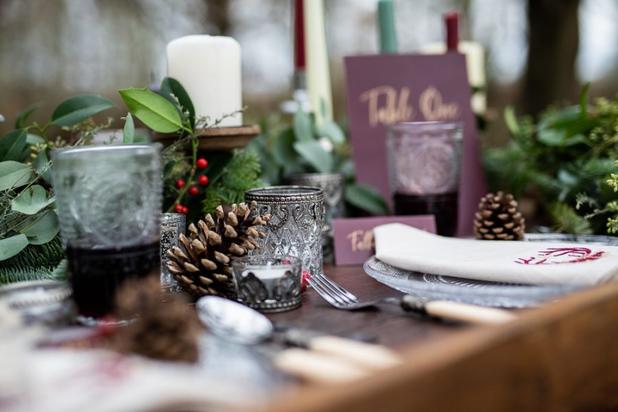 Winter Woodland Wedding Inspiration with Burgundy and Gold Touches