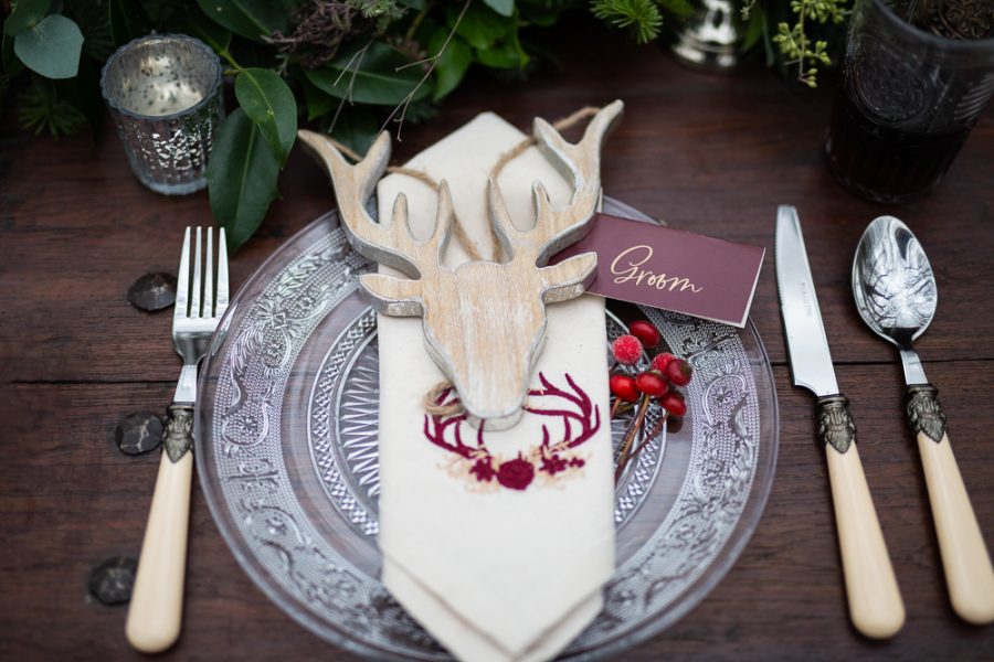 Winter Woodland Wedding Inspiration with Burgundy and Gold Touches