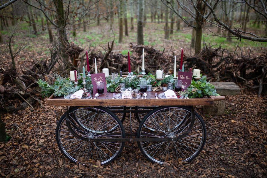 Winter Woodland Wedding Inspiration with Burgundy and Gold Touches