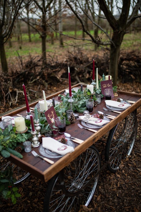 Winter Woodland Wedding Inspiration with Burgundy and Gold Touches