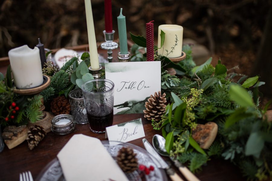 Winter Woodland Wedding Inspiration with Burgundy and Gold Touches