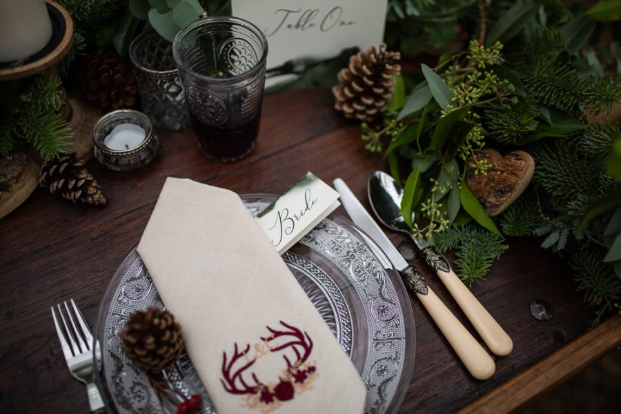 Winter Woodland Wedding Inspiration with Burgundy and Gold Touches